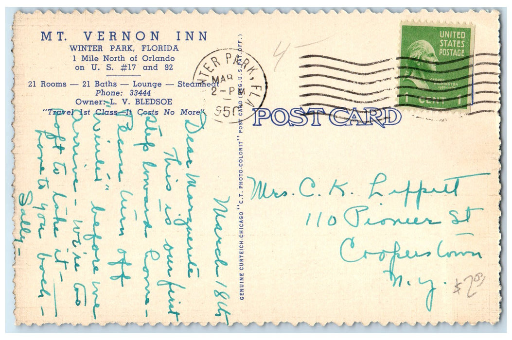 1950 Mt. Vernon Inn Exterior Trees Scene Winter Park Florida FL Posted Postcard