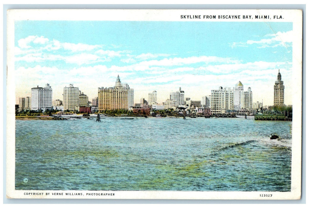 1930 Skyline From Biscayne Bay Buildings Boats Miami Florida FL Posted Postcard