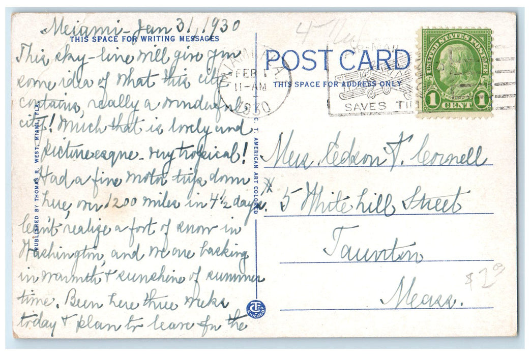 1930 Skyline From Biscayne Bay Buildings Boats Miami Florida FL Posted Postcard