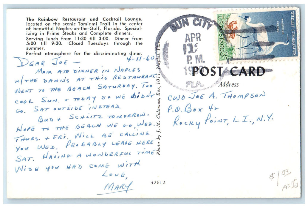 1960 The Rainbow Restaurant & Cocktail Lounge Naples On Gulf Florida Postcard