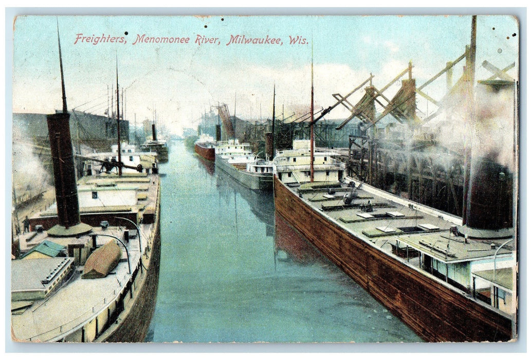 1908 Freighters Menomonee River Steamships Scene Milwaukee Wisconsin WI Postcard
