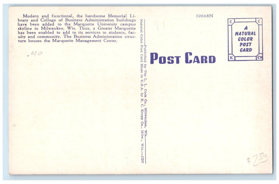 c1940s College Of Business Administration Marquette Milwaukee Wisconsin Postcard
