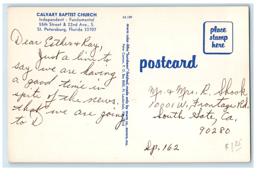 c1950's Calvary Baptist Church Building Roadside St. Petersburg Florida Postcard