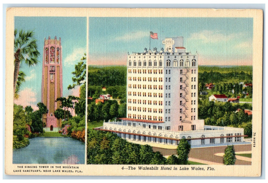 c1940's Singing Tower And The Walesbilt Hotel In Lake Wales Florida FL Postcard