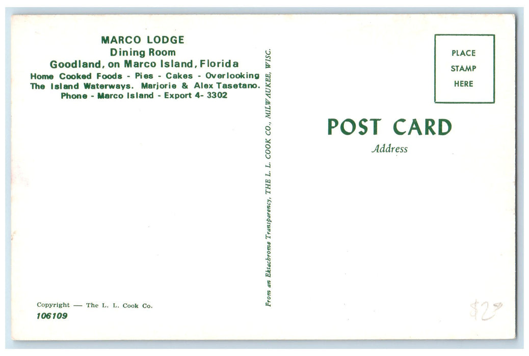 c1950 Marco Lodge Dining Room Restaurant Goodland Marco Island Florida Postcard