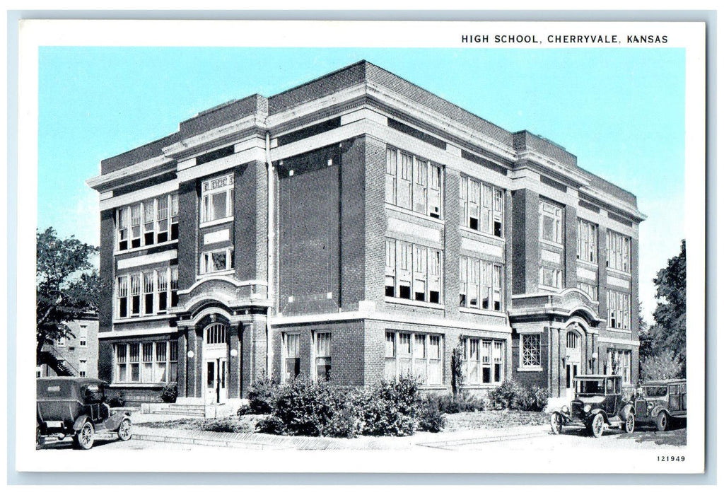 c1940's High School Building Exterior Roadside Cherryvale Kansas KS Car Postcard