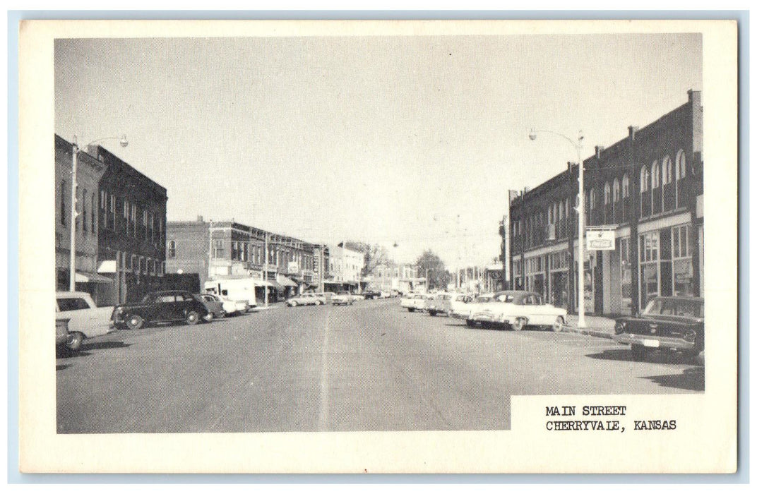 c1940's Main Street Buildings And Shops Scene Cherryvale Kansas KS Cars Postcard