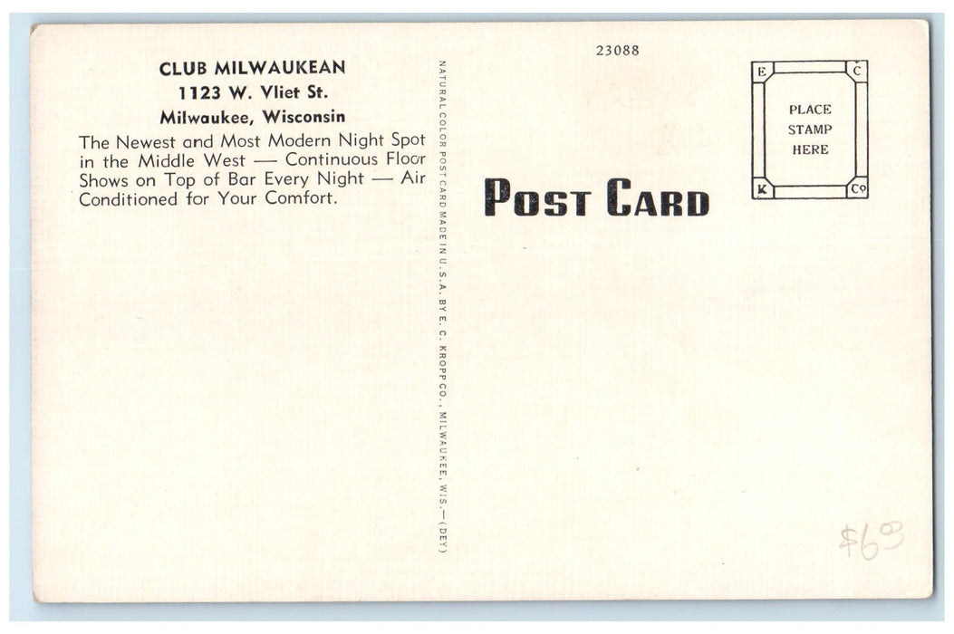 c1950's Club Milwaukean Interior Pub Bar Beerhouse Milwaukee Wisconsin Postcard
