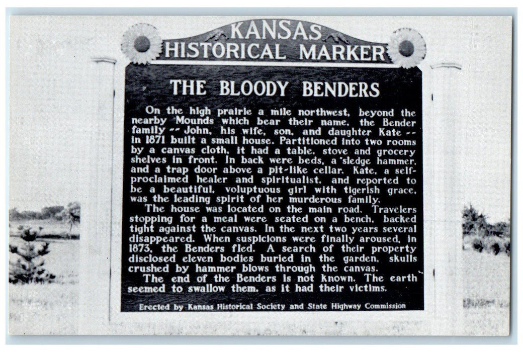c1960s Kansas Historical Marker The Bloody Benders Cherryvale Kansas KS Postcard