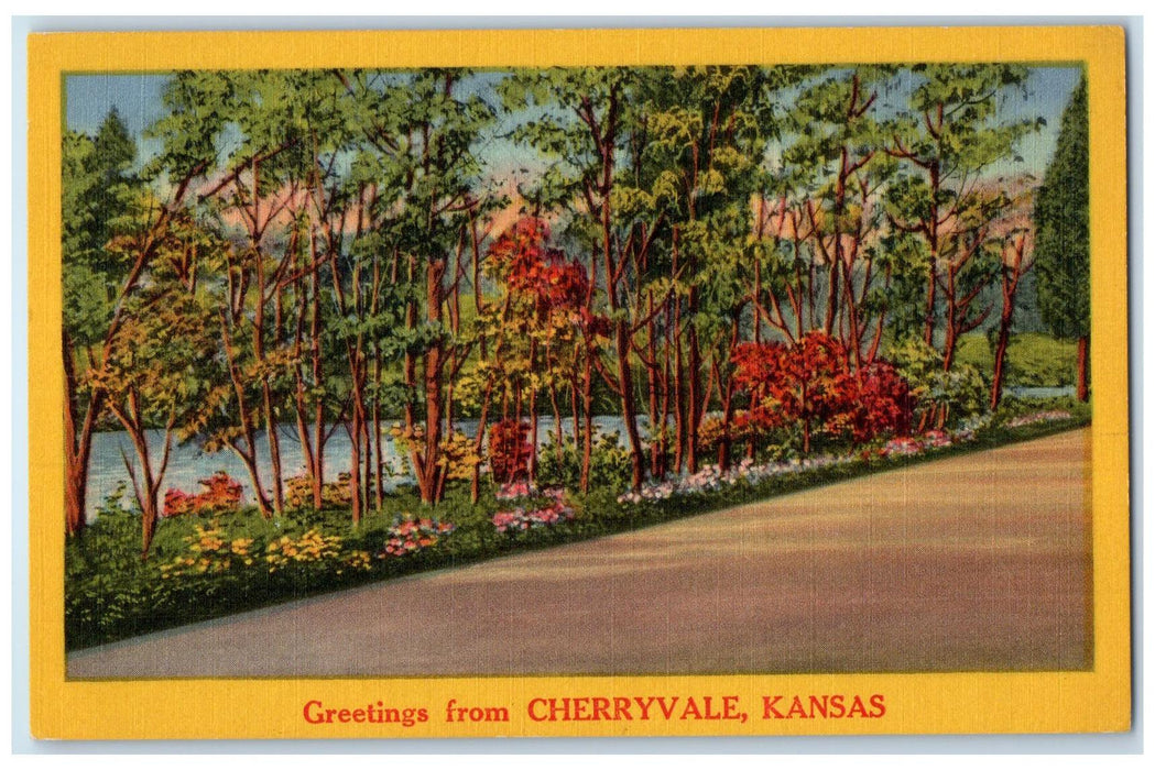 c1940's Greetings From Cherryvale Kansas KS Unposted Country Road Trees Postcard