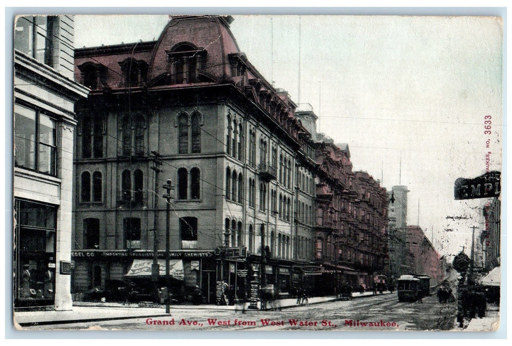 1909 Grand Avenue Building Trolley Railway Street Milwaukee Wisconsin Postcard