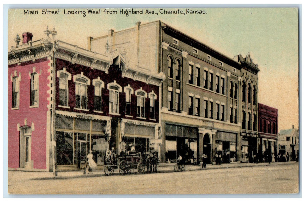 c1910's Main Street Looking West From Highland Avenue Chanute Kansas KS Postcard