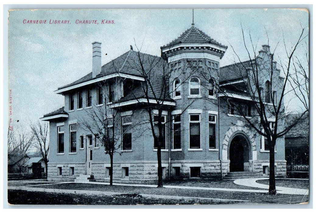 1910 Carnegie Library Exterior Roadside Chanute Kansas KS Posted Trees Postcard