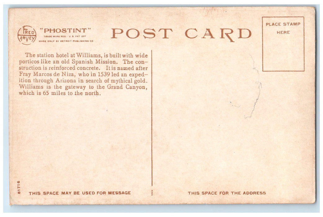 c1920's Fray Marcos Santa Fe Hotel Exterior Williams Arizona AZ Railway Postcard