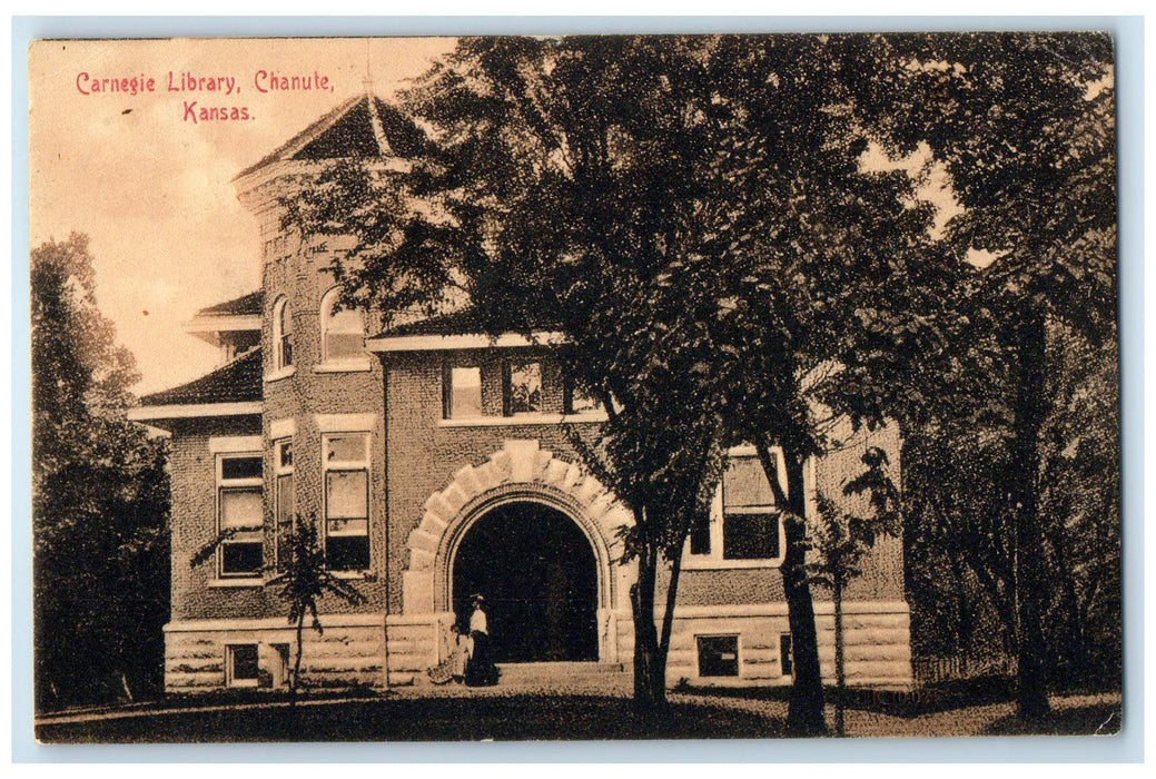 1907 Carnegie Library Exterior Roadside Chanute Kansas KS Posted Trees Postcard