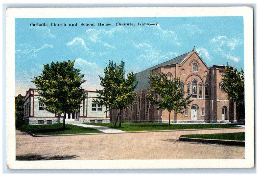 c1920 Catholic Church And School House Chanute Kansas KS Unposted Trees Postcard
