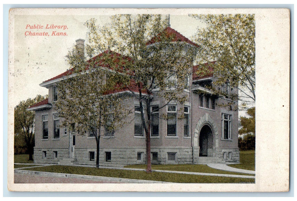 1917 Public Library Exterior Roadside Chanute Kansas KS Posted Trees Postcard