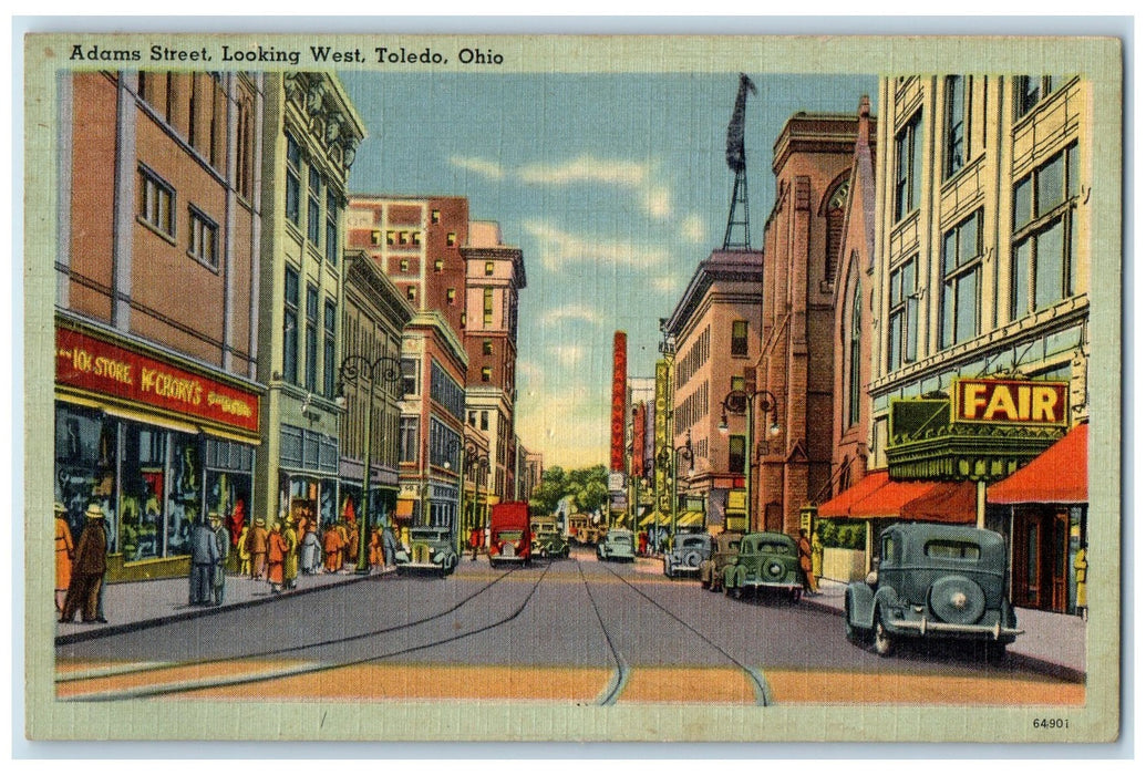 c1940s Adams Street Looking West Shops And Cars Toledo Ohio OH Unposted Postcard