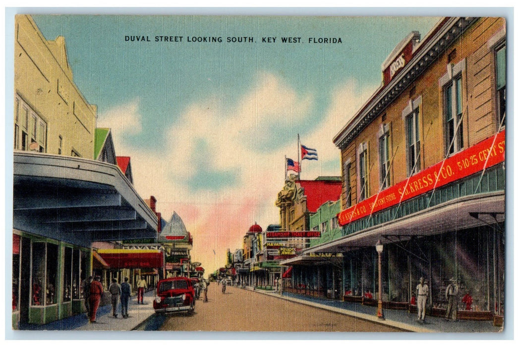 1945 Duval Street Looking South Shops Cars Key West Florida FL Unposted Postcard