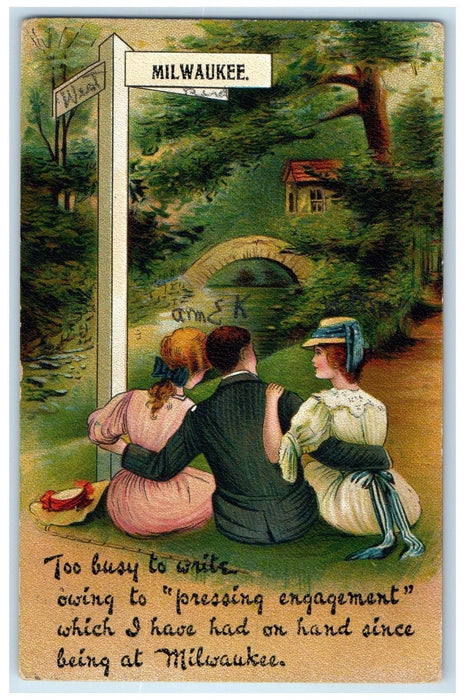 1908 Too Busy To Write Owing Processing Engagement Milwaukee Wisconsin Postcard