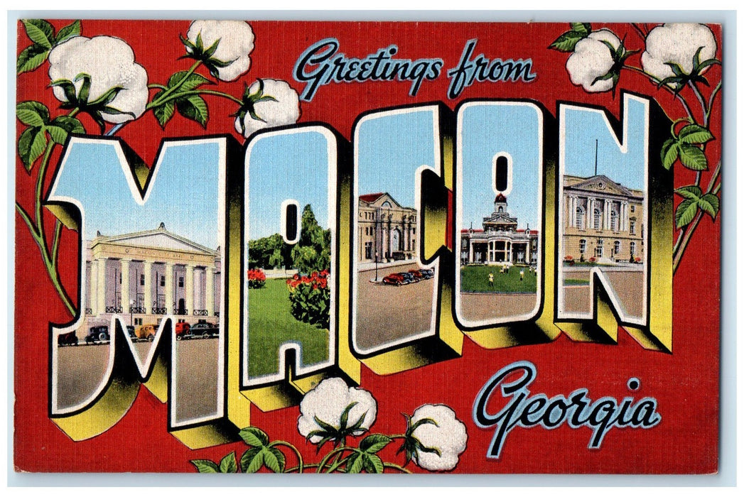 c1940's Large Letter Greetings From Macon Georgia GA Unposted Flowers Postcard