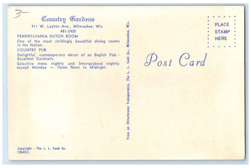 c1950's Country Gardens Restaurant Dining Multiview Milwaukee Wisconsin Postcard