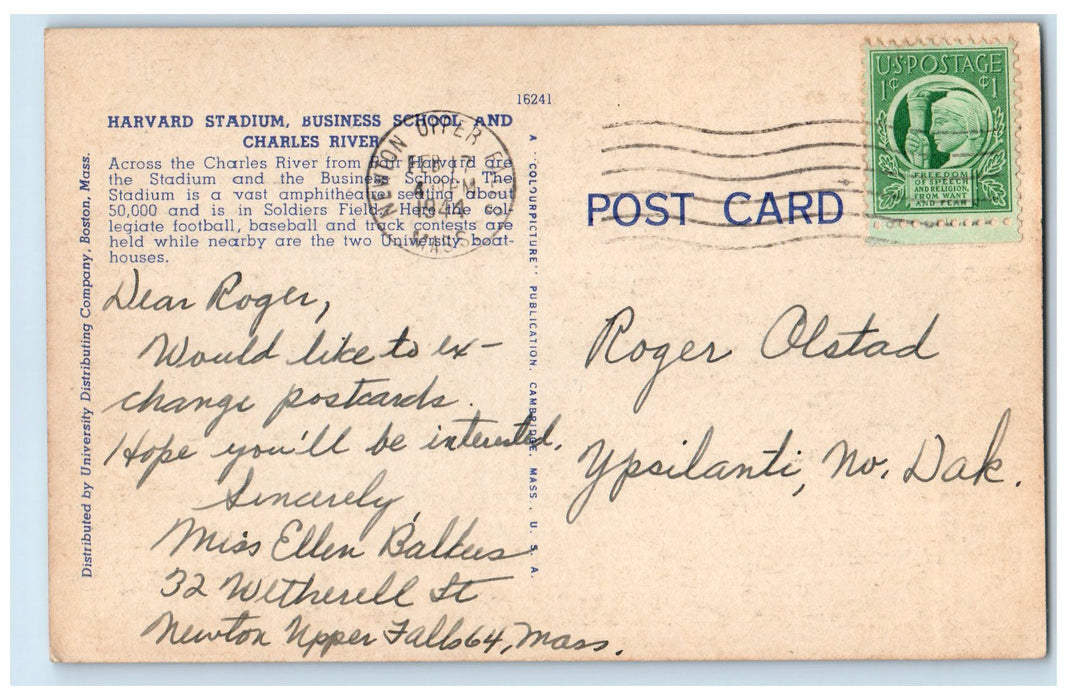 c1940's Harvard  Stadium Business School Cambridge Massachusetts MA Postcard