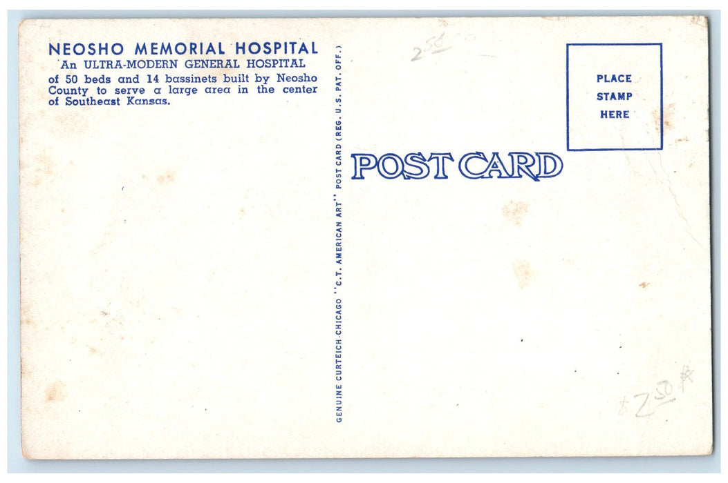 c1940's Neosho Memorial Hospital Exterior Chanute Kansas KS Unposted Postcard