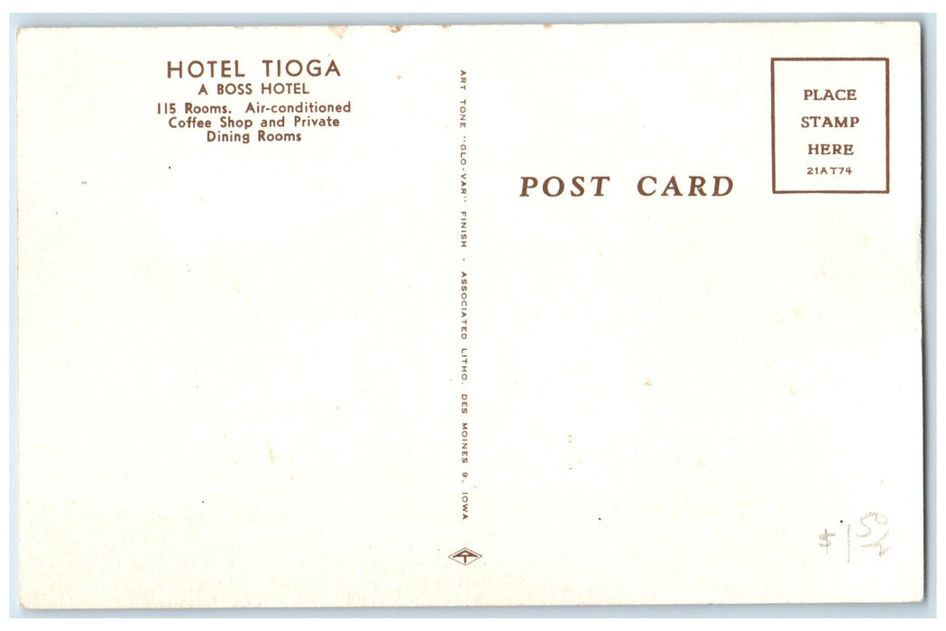 c1940's Hotel Tioga A Boss Hotel Exterior Chanute Kansas KS Unposted Postcard
