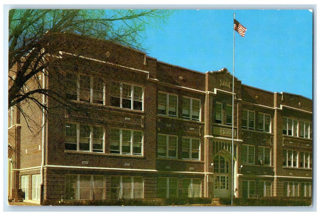 c1960's Caldwell High School Exterior Roadside Chanute Kansas KS Flag Postcard