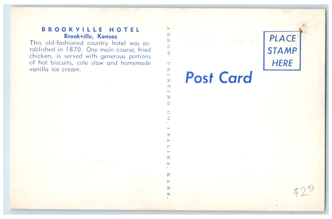 c1960's Brookville Hotel Old-Fashioned Country Hotel Brookville Kansas Postcard