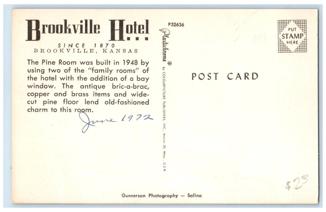 c1960s Brookville Hotel The Pine Room Tables Scene Brookville Kansas KS Postcard