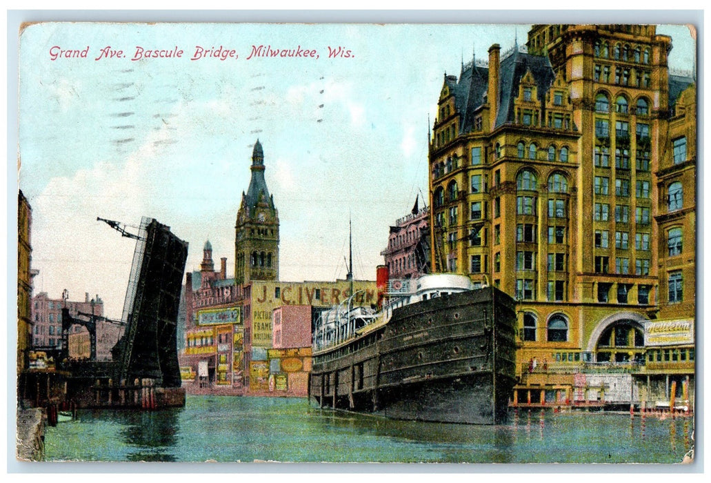 1909 Grand Avenue Bascule Bridge Ship Boat Pass Milwaukee Wisconsin WI Postcard