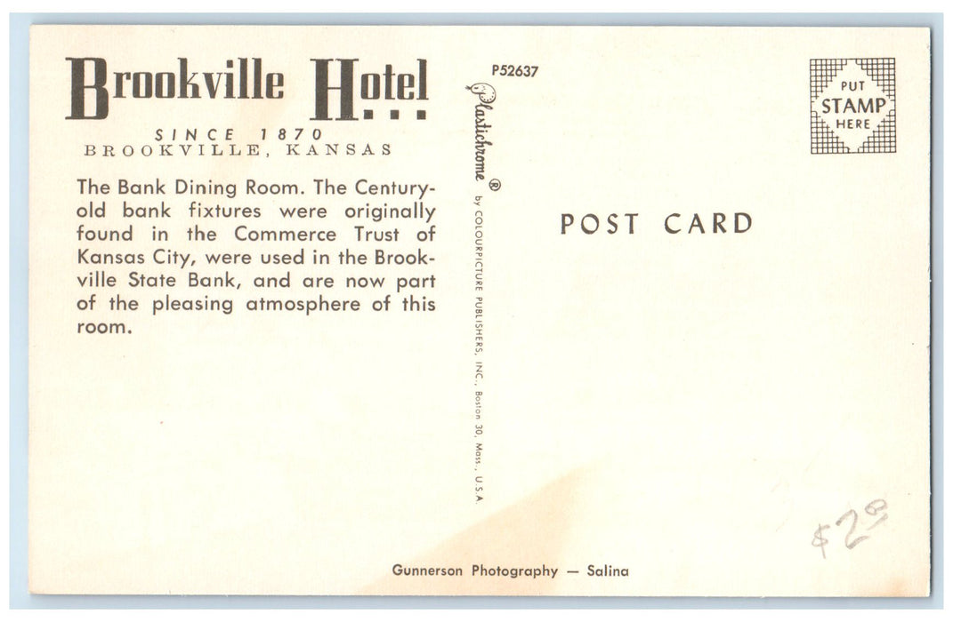 c1960's Brookville Hotel Bank Dining Room Interior Brookville Kansas KS Postcard