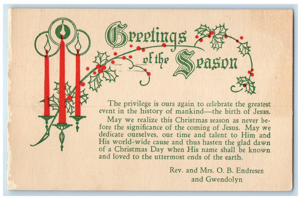 1935 Greetings Of The Season Fairmont Minnesota MN Posted Vintage Postcard