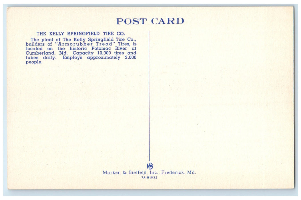 c1940's The Kelly Springfield Tire Company Cumberland Maryland MD Trees Postcard