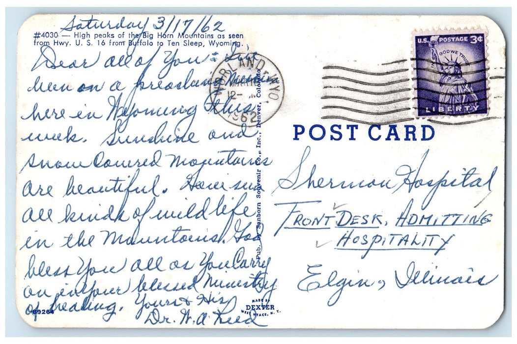 1962 High Peaks Of Big Horn Mountains Ten Sleep Wyoming WY Posted Tree Postcard