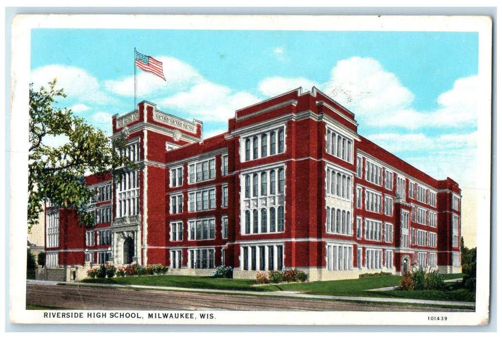 1935 Riverside High School Campus Building US Flag Milwaukee Wisconsin Postcard