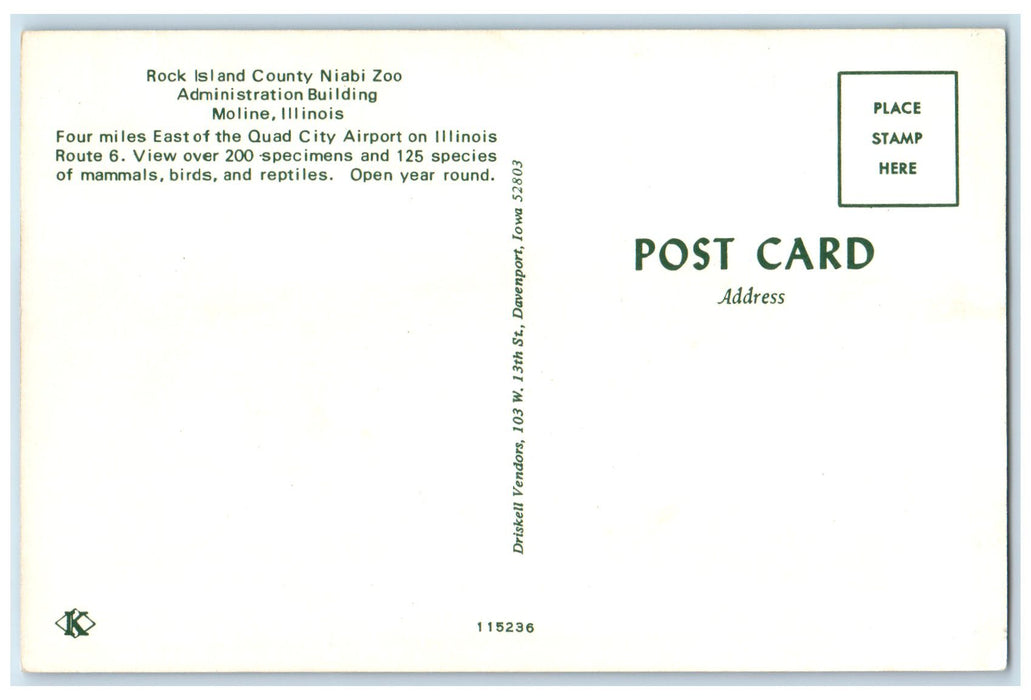 c1960s Rock Island County Niabi Zoo Moline Illinois IL Unposted Flag Postcard