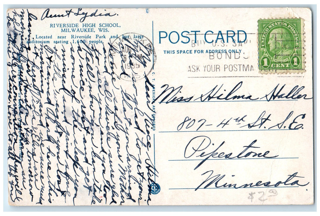 1935 Riverside High School Campus Building US Flag Milwaukee Wisconsin Postcard