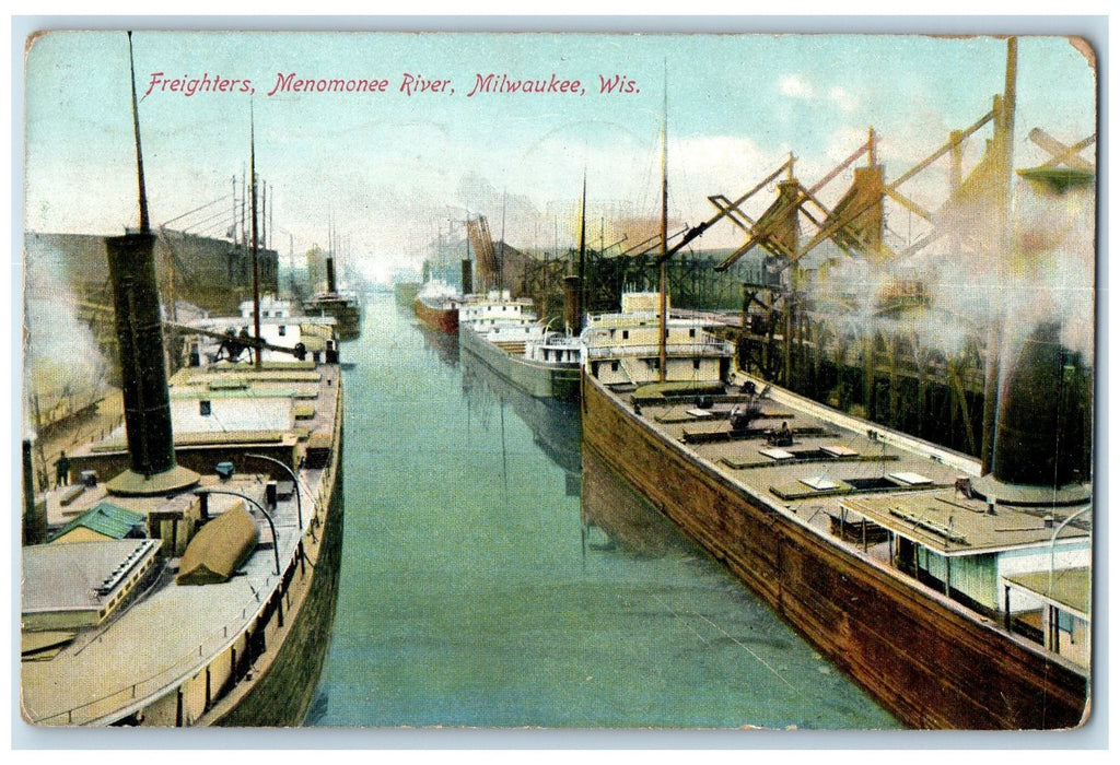 1909 Freighters Menomonee River Ships Docked Milwaukee Wisconsin Posted Postcard