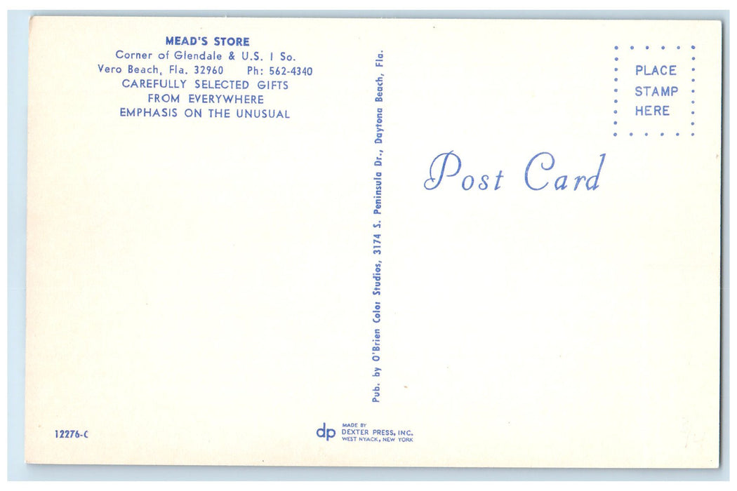 c1960's Mead's Store Jewelry Sea Shells Gifts Vero Beach Florida FL Car Postcard