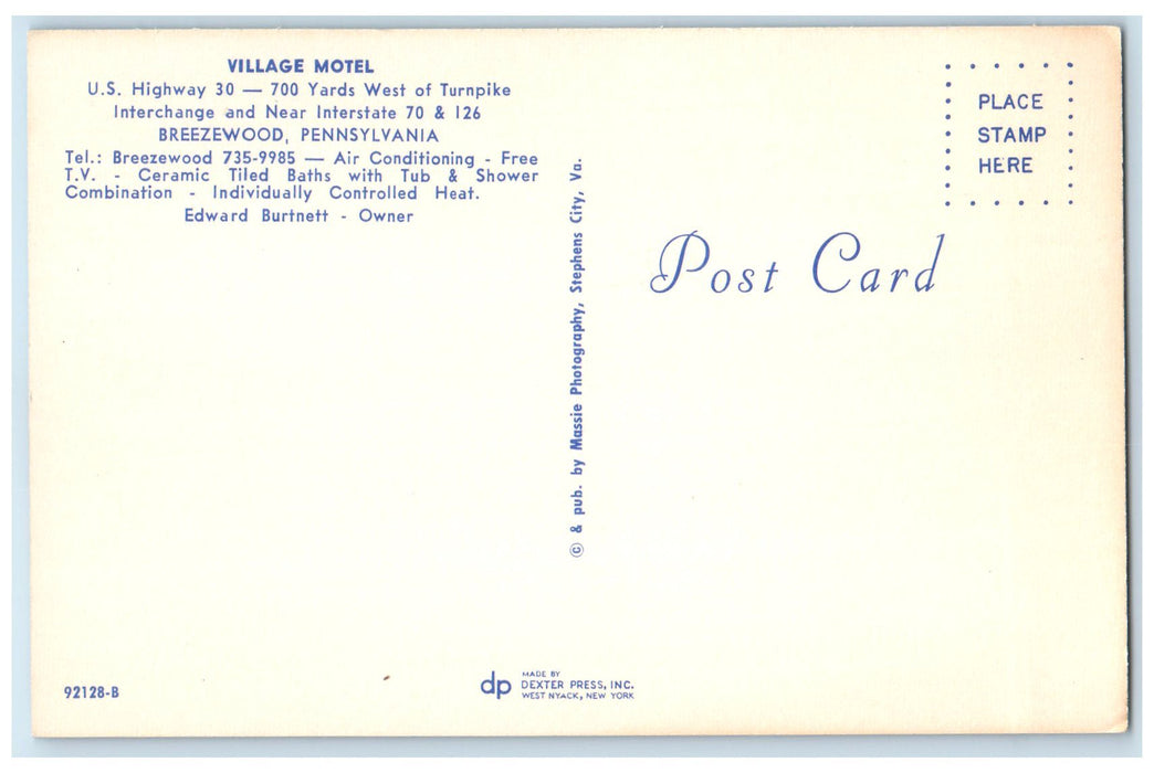 c1960's Village Motel Exterior Roadside Breezewood Pennsylvania PA Cars Postcard