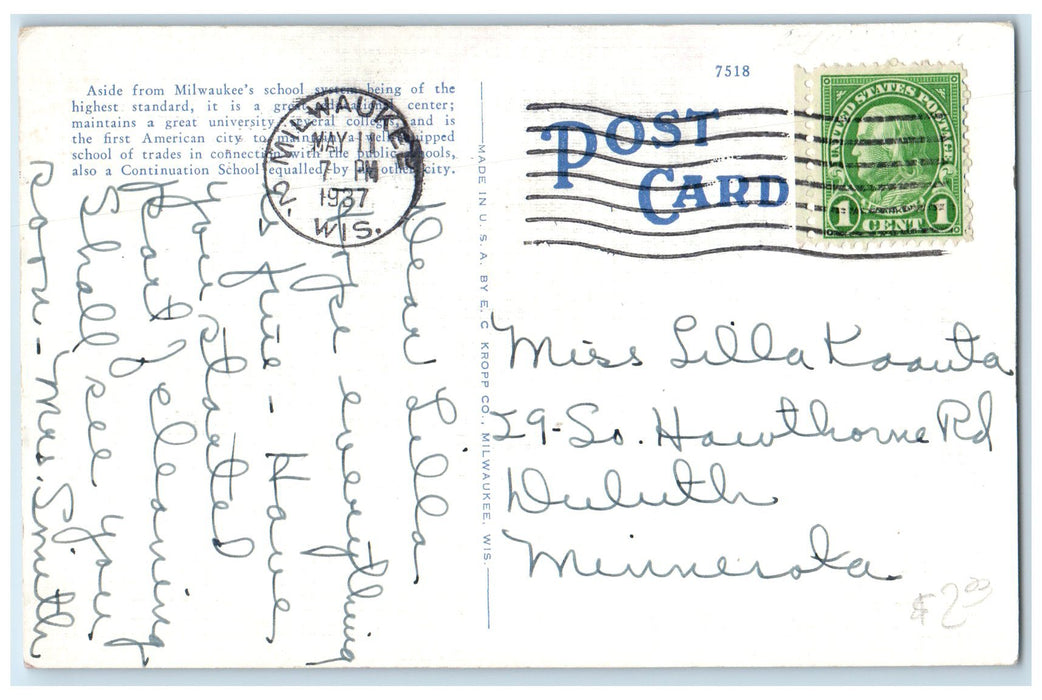 1937 State Teachers College Campus Building US Flag Milwaukee Wisconsin Postcard