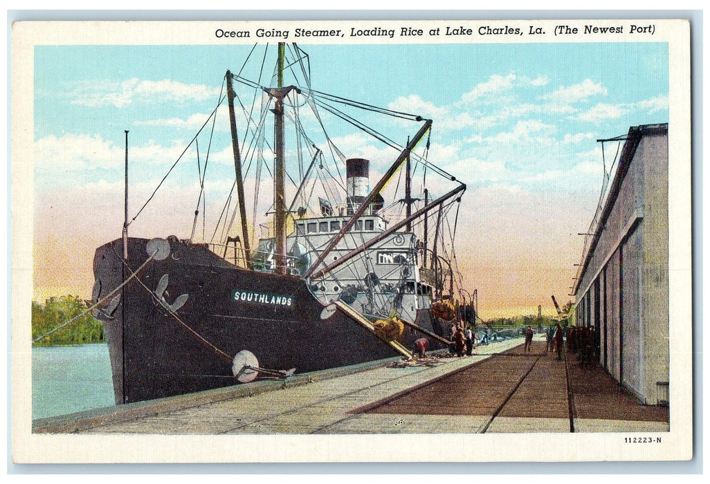 c1940's Ocean Going Steamer Loading Rice At Lake Charles Louisiana LA Postcard