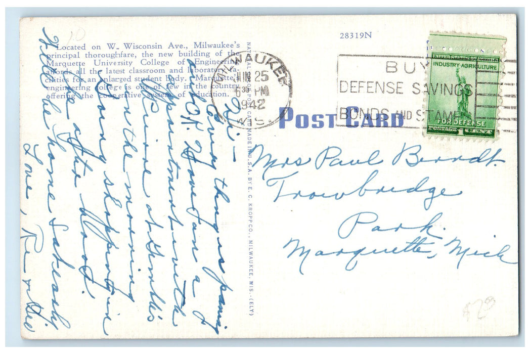1942 Engineering Bldg. Marquette University Campus Milwaukee Wisconsin Postcard