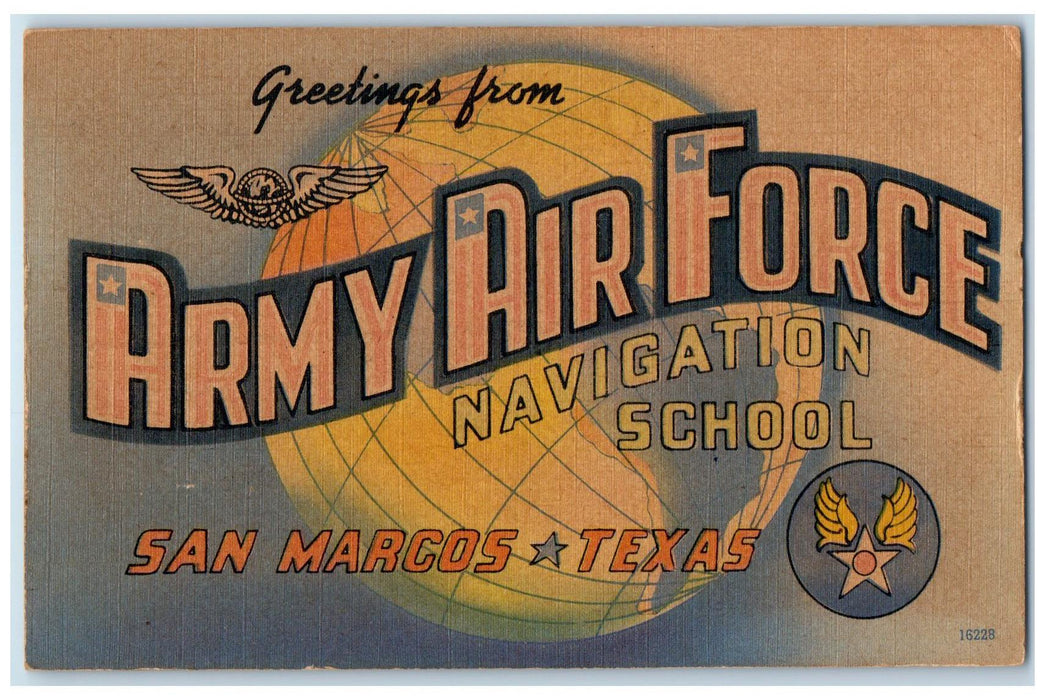 c1960s Greetings From Army Air Force San Marcos Texas TX Unposted Globe Postcard