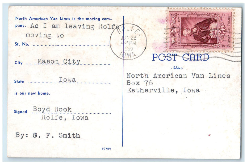 1959 North American Van Lines Moving Company Rolfe Iowa IA Posted Van Postcard
