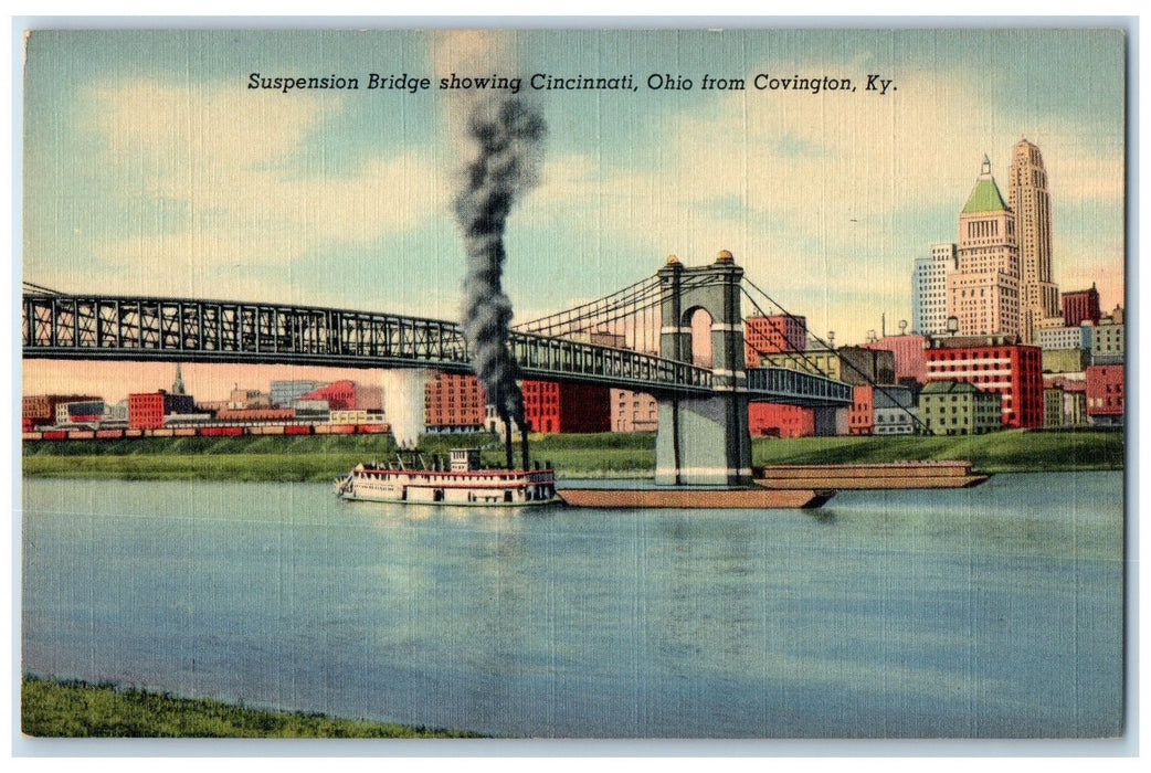 c1940 Suspension Bridge Showing Cincinnati Ohio And Covington Kentucky Postcard