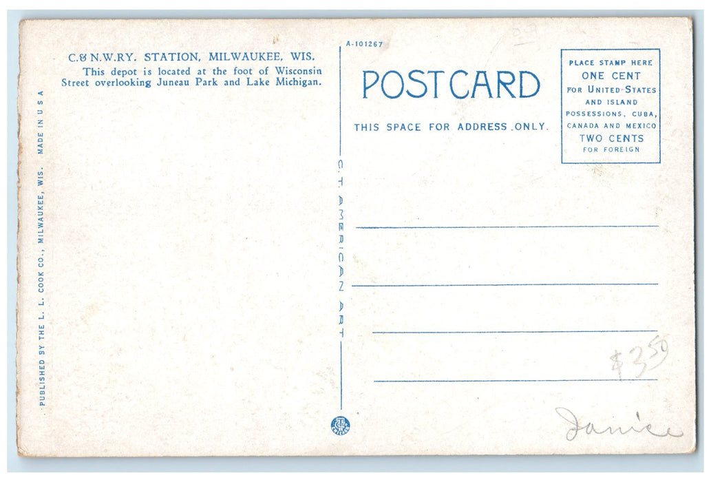 c1920's C & N W RY Station Train Depot Railway Melwaukee Wisconsin WI Postcard